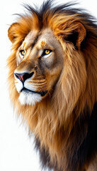 Fototapeta premium Majestic male lion portrait with flowing golden mane on white background