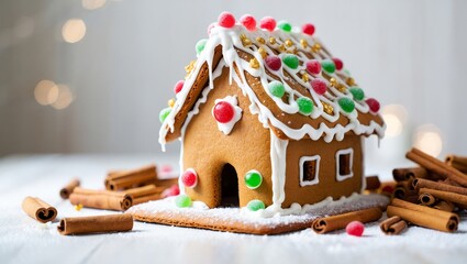 New Year gingerbread house with cinnamon on wood. Copy space
