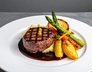 Elegant fine dining dish: filet mignon on mashed potatoes with roasted vegetables, rich sauce, and minimal gray background, studio-lit.