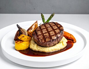 Elegant fine dining dish: filet mignon on mashed potatoes with roasted vegetables, rich sauce, and minimal gray background, studio-lit.