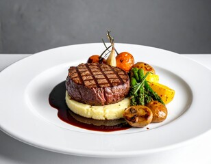 Elegant fine dining dish: filet mignon on mashed potatoes with roasted vegetables, rich sauce, and minimal gray background, studio-lit.