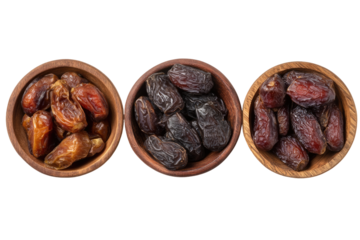 Three wooden bowls, each filled with dried dates, arranged horizontally.  The dates vary in shade, ranging from light brown to dark brown