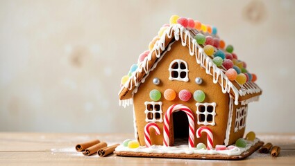 New Year gingerbread house with cinnamon on wood. Copy space