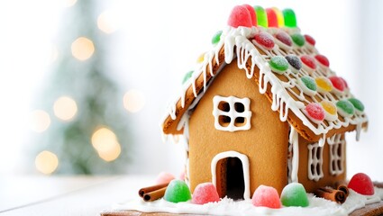 New Year gingerbread house with cinnamon on wood. Copy space