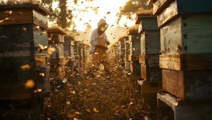 A beekeeper in a protective suit works among wooden hives in the sunshine, bees flying around. The atmosphere is warm and natural.