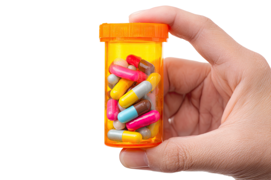 Hand holding a small orange pill bottle filled with assorted colorful pills