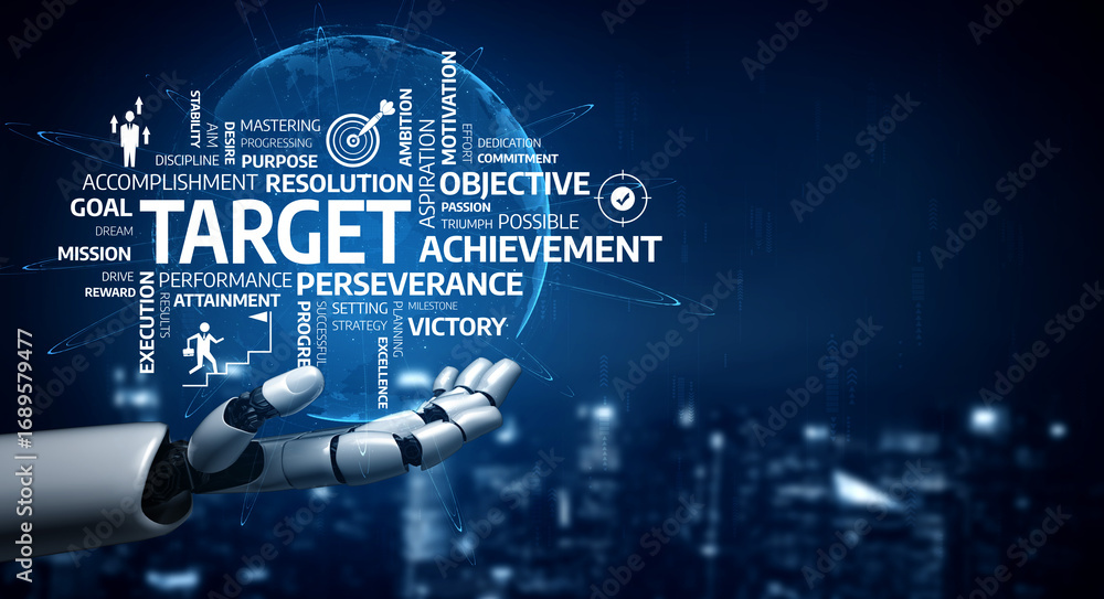 Poster this image features a futuristic robot arm reaching towards target goals, symbolizing achievement an