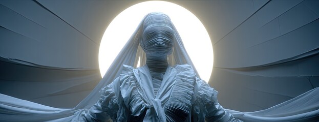 A shrouded figure stands illuminated by a celestial orb, draped in flowing white fabric.