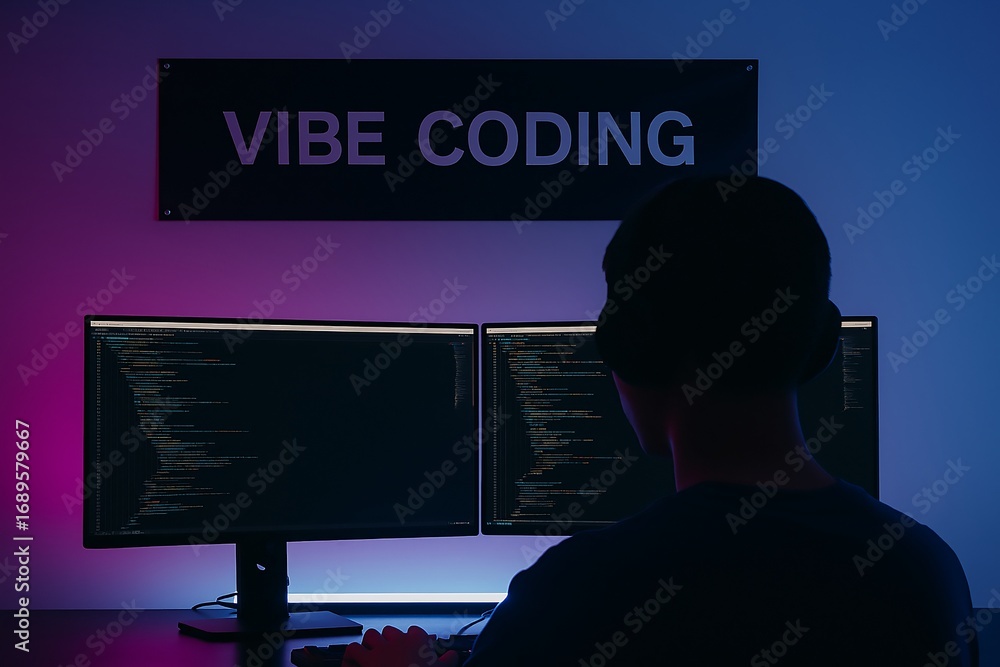 Fototapete vibe coding text glowing on a digital screen, representing ai-assisted software development and futu