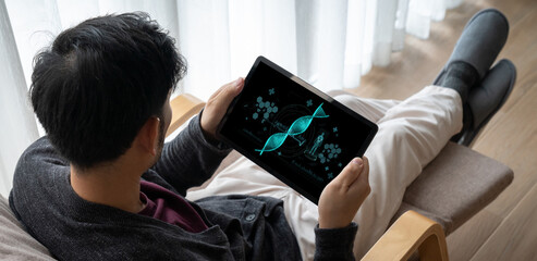 Medical science technology and futuristic healthcare virtual computer software analyze human health...