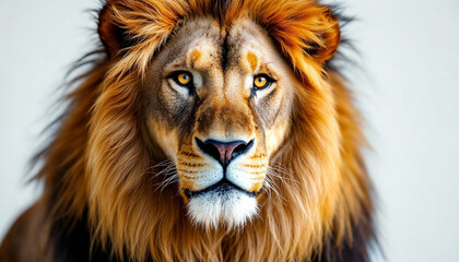 Fototapeta premium Majestic male lion portrait with flowing golden mane on white background