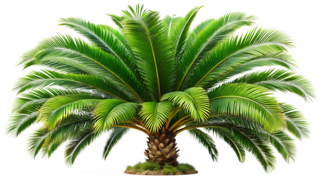 Lush sago palm tree isolated on transparent background, showcasing its vibrant green fronds and sturdy trunk, perfect for adding a touch of tropical elegance