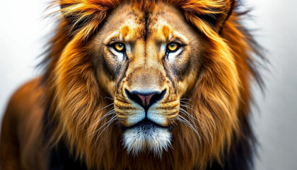 Fototapeta premium Majestic male lion portrait with flowing golden mane on white background