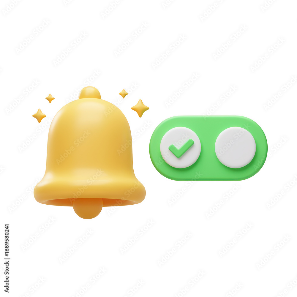 Poster 3d yellow notification bell with toggle switch isolated on transparent background