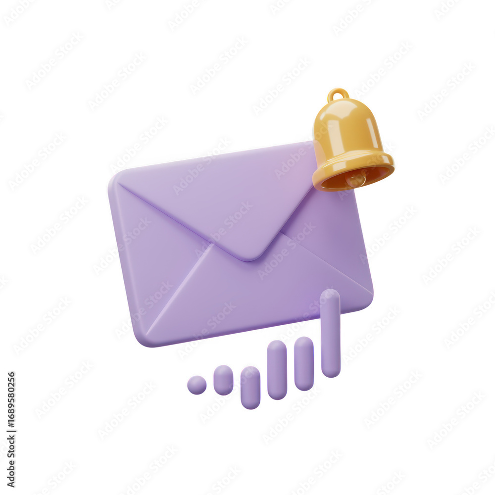 Poster 3d render of a purple envelope with a golden bell and notification bars isolated on transparent back