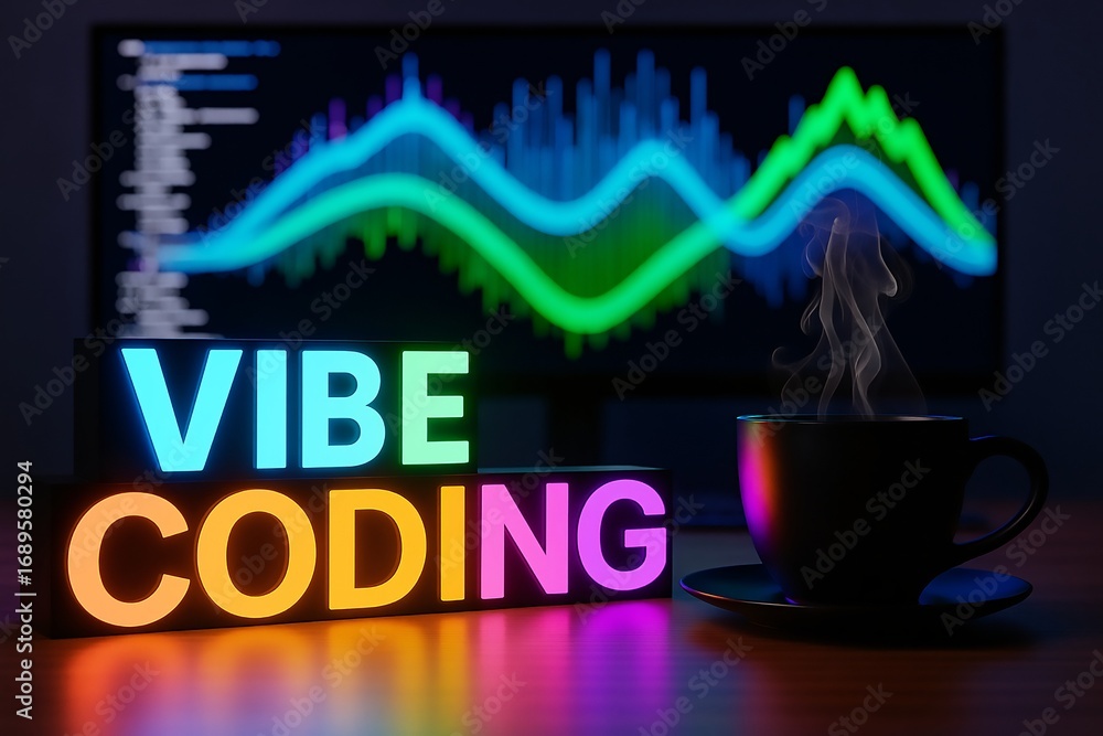 Fototapete vibe coding text glowing on a digital screen, representing ai-assisted software development and futu