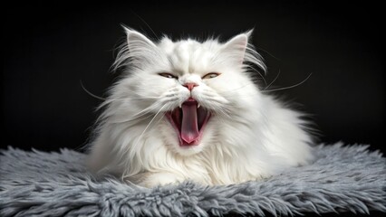 Stunning fluffy white Persian cat yawning wide with mouth open, showing pink tongue and sharp teeth