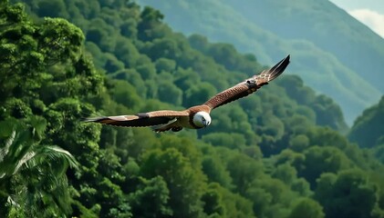 Harpy eagle soaring high above tropical rainforest 