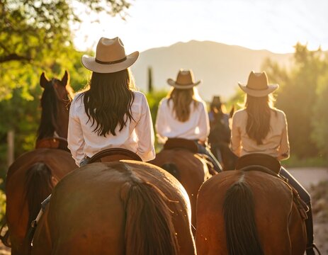 Women horseback riding at sunset - Powered by Adobe