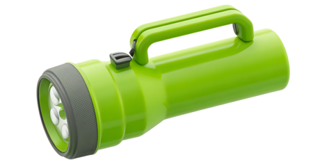 Bright green flashlight with grey accents isolated on a transparent background tool