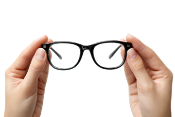 Close-up view of hands holding a pair of black eyeglasses.  Clear lenses and black frames.  Focus on the glasses