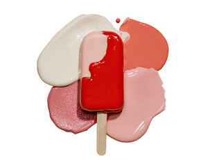 A vibrant red popsicle rests atop a colorful swirl of pastel shades