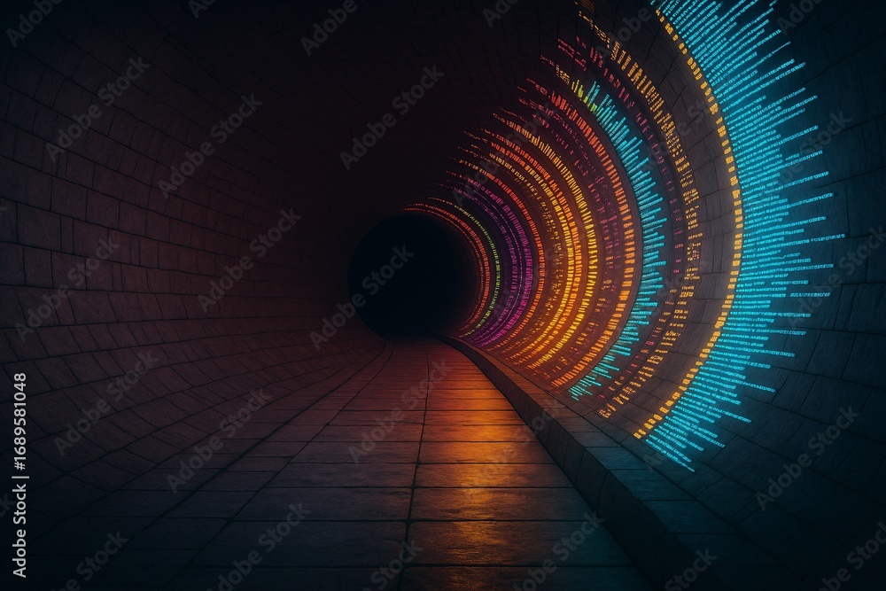 Aufkleber futuristic tunnel with glowing circular data visualizations and sound waves on the wall. concept for