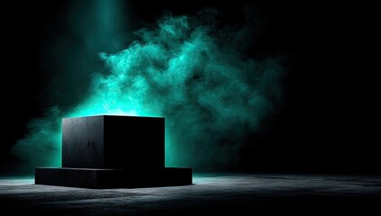 A dark, dramatic scene showcases a large, dark cube positioned on a textured surface, illuminated by turquoise spotlights and smoky effects.