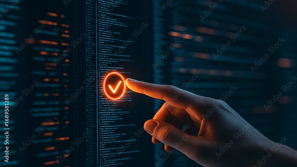 Poster hand pressing a glowing checkmark icon on a digital interface with lines of code. concept for qualit