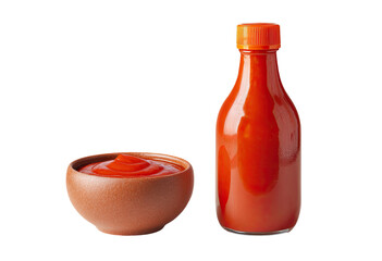 Small bowl of red sauce next to a glass bottle