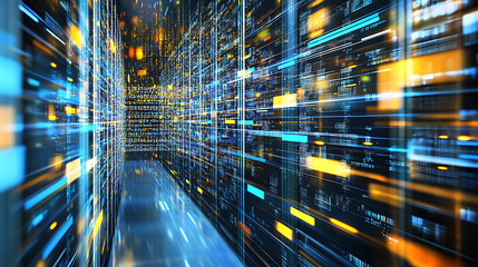 Digital Data Stream in a Futuristic Server Room