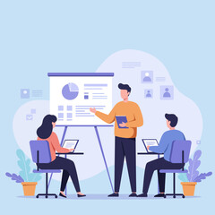 Man presenting data on whiteboard to colleagues in office, showcasing business strategy and teamwork with a modern, professional feel.