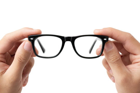 Close-up of hands holding black eyeglasses