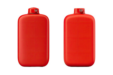 Two identical red rectangular containers, likely perfume bottles or similar products.  Both have a small circular cap/top feature.  Full frontal view