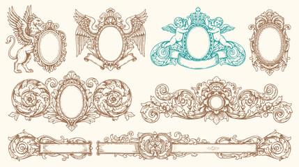 Vintage Baroque Victorian frame border flower pattern vector floral engraved scroll ornament leaf retro decorative design. filigree calligraphic heraldic shield swirl