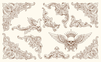 Floral decorative vector elements set, rococo and baroque style, vintage royal details. engraving illustration set