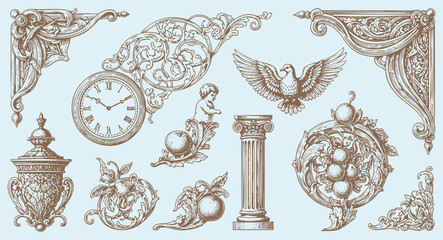 Vintage engraving collection featuring skull, griffin, anatomical hearts, columns, cherub, fruits, wings, clock, and ornate classical elements.