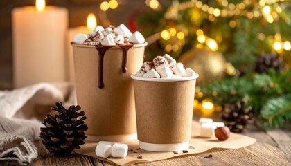 Cozy holiday scene featuring hot chocolate with marshmallows, pinecones, and a glowing Christmas tree—perfect for festive warmth and seasonal cheer.