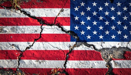 "Cracked surface painted with the American flag, symbolizing division, resilience, and the fractured state of national identity."