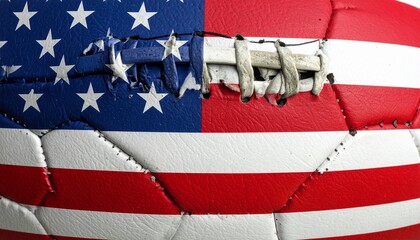 "Close-up of a leather American football stitched with stars and stripes, symbolizing patriotism and sport."