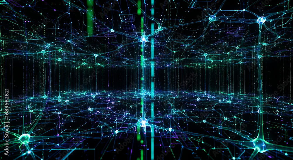 Poster a complex network of interconnected nodes and lines in shades of blue and green on a black backgroun