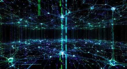 A complex network of interconnected nodes and lines in shades of blue and green on a black background ai generated