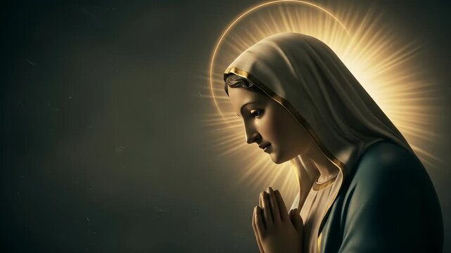 Beautiful Portrait of Virgin Mary with Golden Halo and Focused Expression, Divine Symbolism