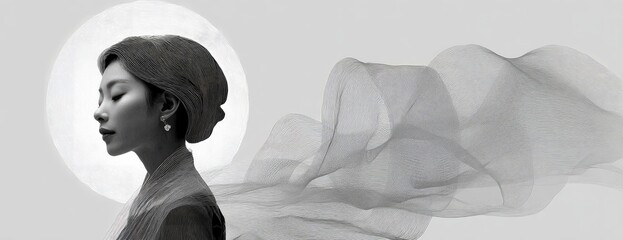 A serene, grayscale portrait of a woman, with flowing fabric, and a luminous moon, evokes a sense of tranquility and ethereal beauty.