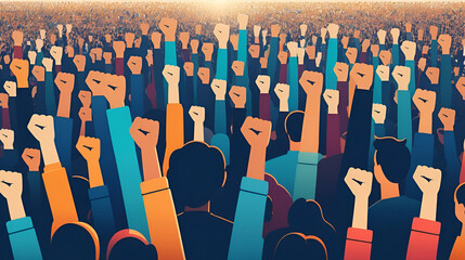 Many people rising hands fists, rallies and protests.