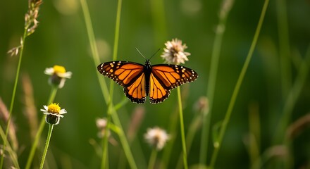 Obraz premium Monarch Butterfly Resting on a Wildflower in a Green Field.