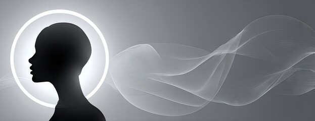 A silhouette of a profile head, encircled by a luminous halo, set against a backdrop of flowing, ethereal light.