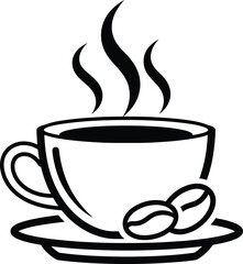 Black and white coffee cup illustration with steam and beans, minimal vector design for cafe, beverage, branding, and morning themes.