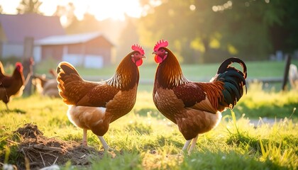 Fototapeta premium Two roosters in a grassy field at sunrise