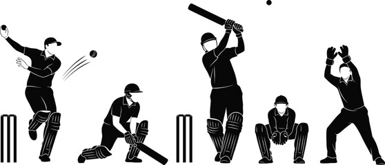 Silhouette illustration of cricket players in action—bowler, batsmen, wicketkeepers—showing dynamic poses and roles in professional cricket match